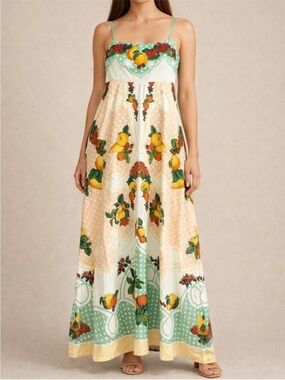 Caroline Constas Fruit Print Linen Blend Maxi Dress Sz L